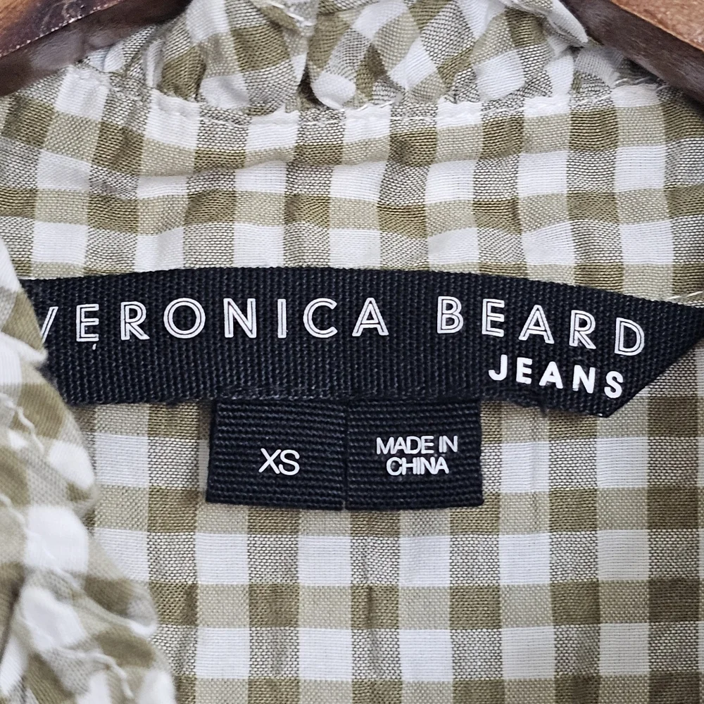 Veronica Beard Gingham Green and White Ruffle Button Shirt XS